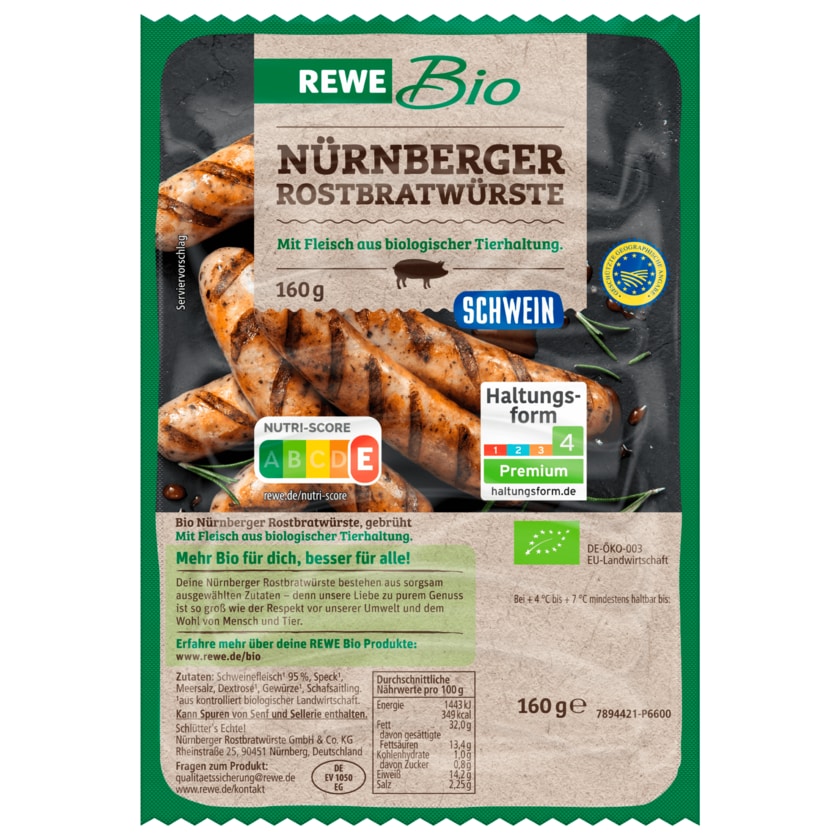 REWE Bio Nürnberger Rostbratwürste Schwein 160g
